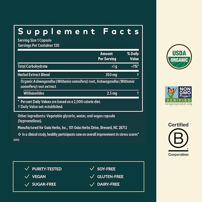 Gaia Herbs Ashwagandha Root - Stress Relief & Sleep Support Supplement - Supports Balanced Energy Levels & Positive Outlook* - 120 Vegan Liquid Phyto-Caps (60 Servings)