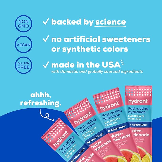 HYDRANT Hydrate No Added Sugar, Individual Hydration Electrolyte Powder Stick Packets with Zero Sugar and Electrolytes for Rapid Hydration (Watermelonade, 30 Count)