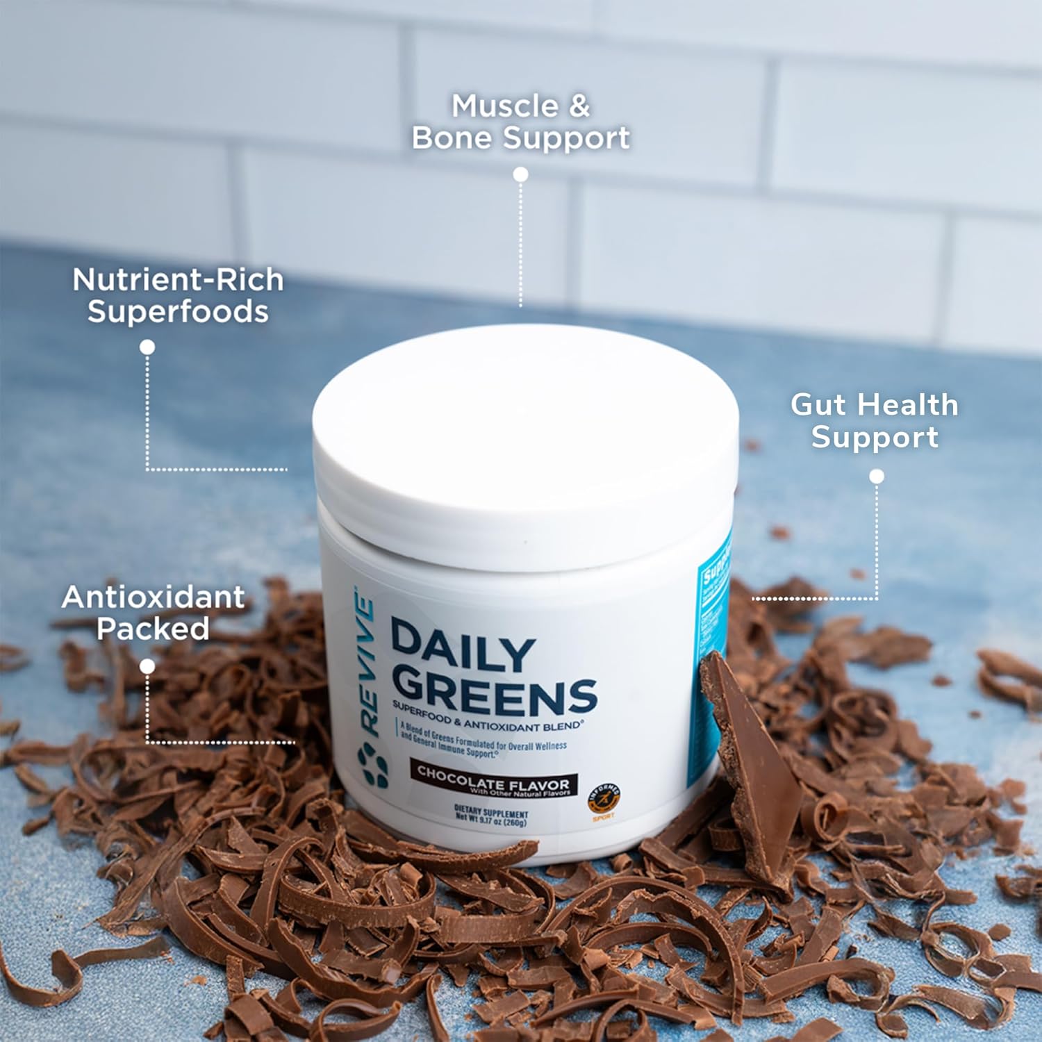 Revive MD Daily Green Powder Superfood (Chocolate) - Supergreens Powder to Support Energy Levels - Green Juice That Improves Fiber Intake - Vegetable Supports Digestion and Gut Health (30 Servings)
