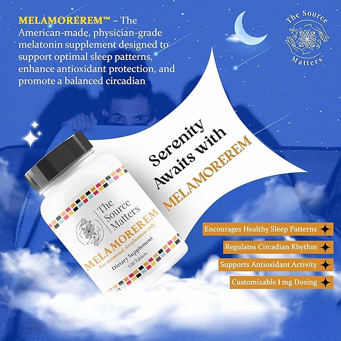 Melamorerem Dietary Supplement | 1mg Melatonin Tablets for Nighttime Routine, Travel Adjustment, Natural Rest, Body Rhythm Balance, and Helps Occasional Sleeplessness (100 Tablets)