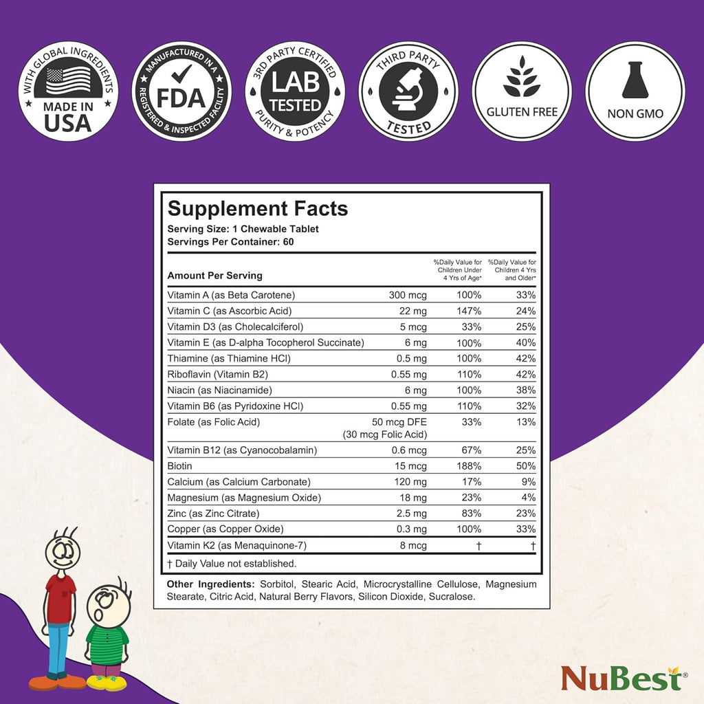 NuBest Tall Kids for Age 2 to 9 - Bone Strength, Brain Growth, Immunity with Calcium, Multivitamins & Minerals - 60 Chewable Berry Tablets | 3 Pack