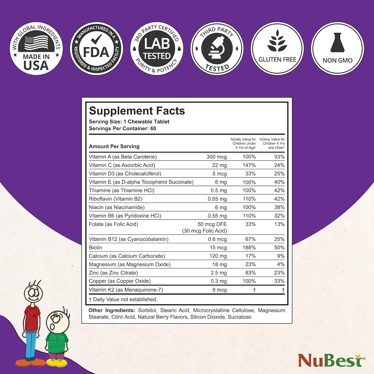 NuBest Tall Kids for Age 2 to 9 - Bone Strength, Brain Growth, Immunity with Calcium, Multivitamins & Minerals - 60 Chewable Berry Tablets | 3 Pack