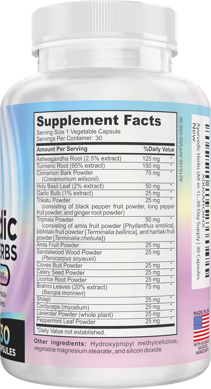 Ayurvedic Herbs (All-in-1) Supplement Blend | Traditional Ayurveda Mind-Body-Spirit Herbal Complex with 17 Active Ingredients | Premium Ayurvedic Supplements for Daily Health & Wellness | 30 Capsules