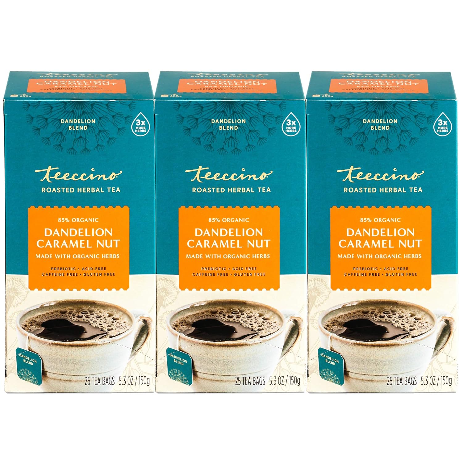 Teeccino Dandelion Caramel Nut Tea - Caffeine Free, Roasted Herbal Tea with Prebiotics, 3x More Herbs than Regular Tea Bags, Gluten Free - 25 Tea Bags (Pack of 3)