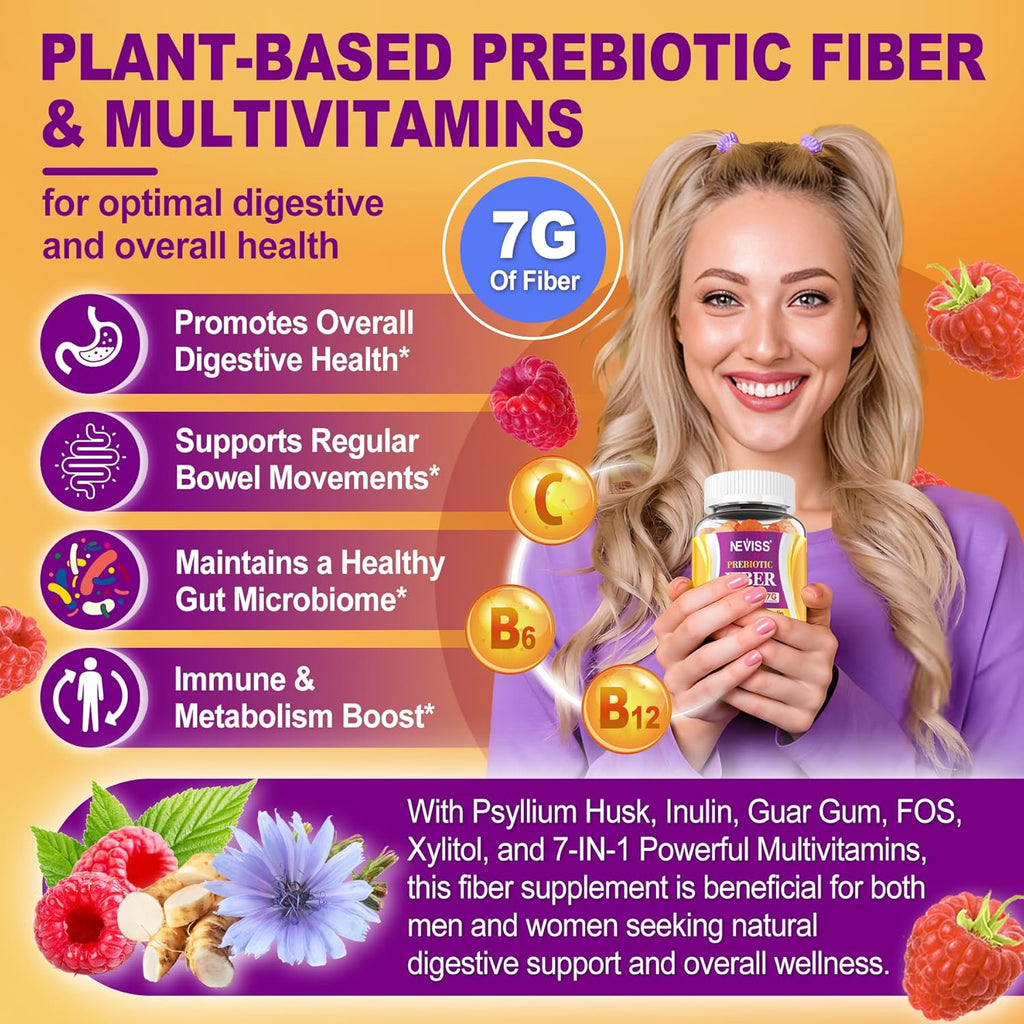 Fiber Gummies for Adults with Psyllium Husk, 7G(Soluble + Insoluble) Daily Prebiotic Fiber with Inulin, FOS, Guar Gum, Multivitamins for Daily Digestive Health, Regularity Support,Sugar Free,Pack of 2