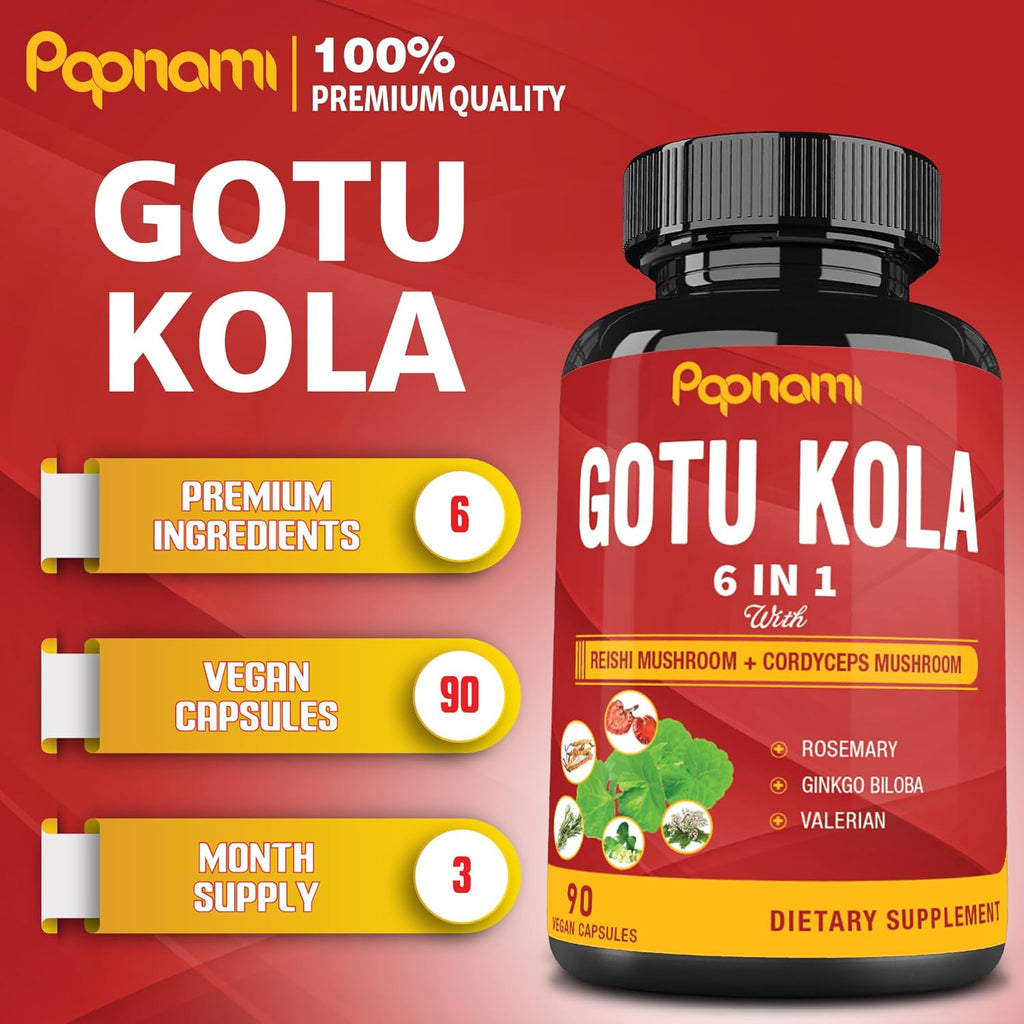 Organic Gotu Kola Extract Capsules with Reishi, Cordyceps, Rosemary, Gingko Biloba & Valerian Root - 90 Counts for 3 Months - Supports Brain, Immunity, Skin & Heart Health