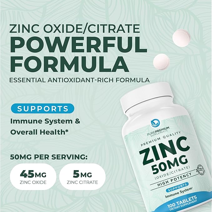 PurePremium Natural Zinc 50mg Supplements for Men/Women - GMP-Certified High Potency Vitamin Zinc Citrate/Oxide for Adults, Immune Antioxidant, Energy Support - 100 Tablets