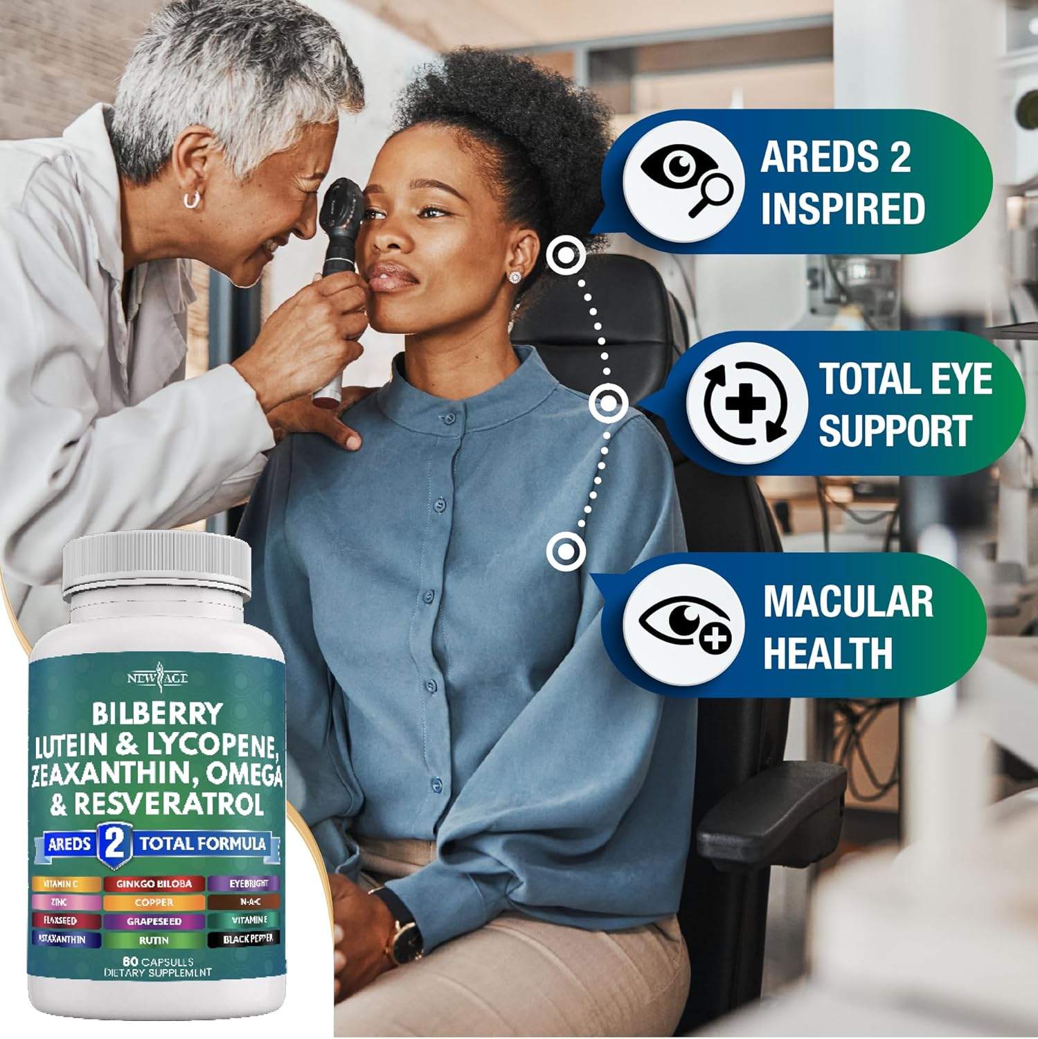 NEW AGE Eye Health Vitamins with Bilberry Lutein & Zeaxanthin Lycopene Resveratrol Grape Seed Astaxanthin - Eye Vitamin - 60 Count