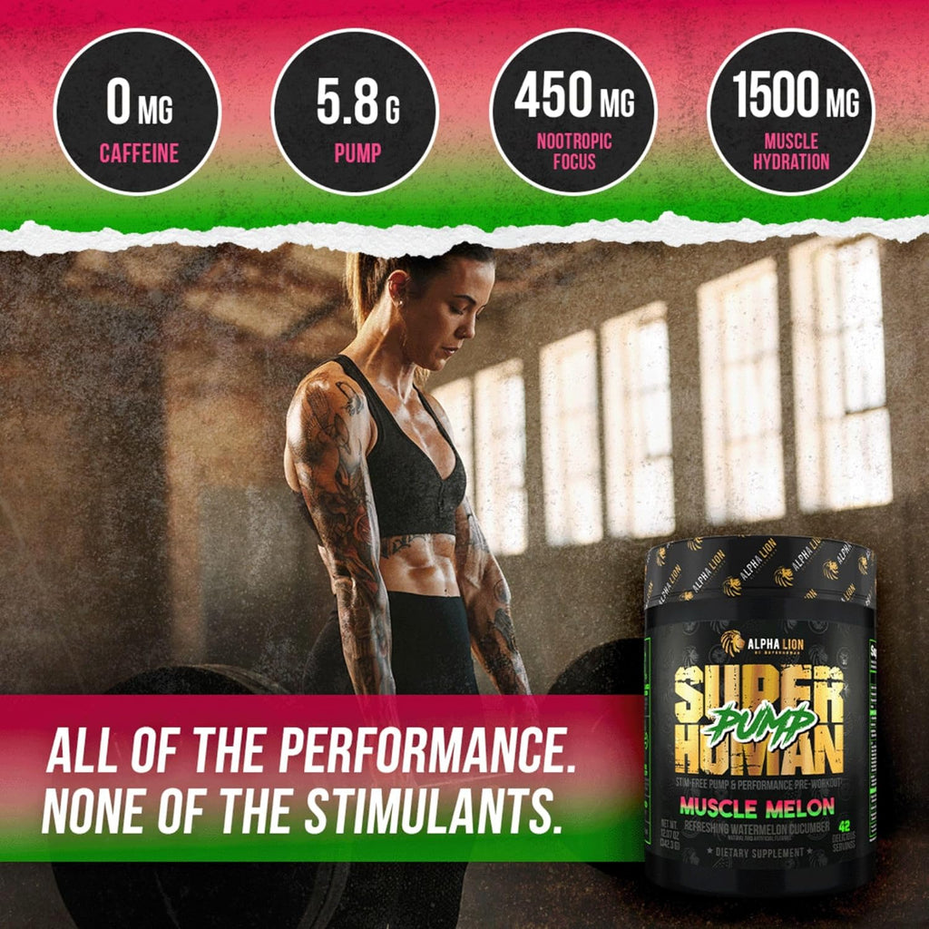 ALPHA LION Superhuman Pump Pre Workout Powder, Caffeine Free & Stim Free Preworkout Supplement, Nitric Oxide Booster, Muscle Gainer, Energy & Focus (42 Servings, Muscle Melon Flavor)