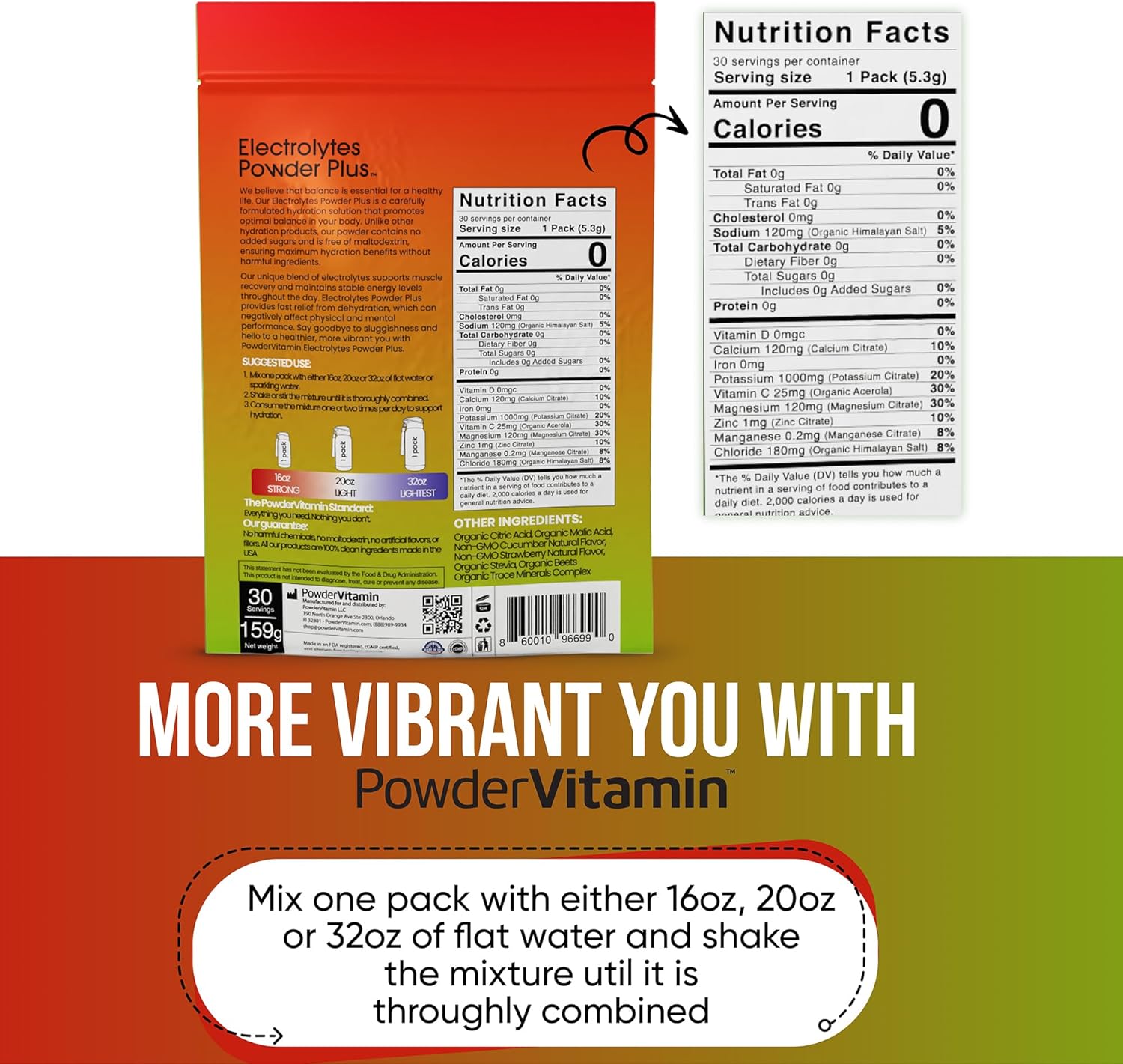 PowerVitamin Electrolytes Powder Packets - Strawberry Cucumber - Keto Electrolytes for Daily Energy - Hydration Powder with 1000mg Potassium, 120mg Magnesium, Zero Calories - 30 Hydration Packets