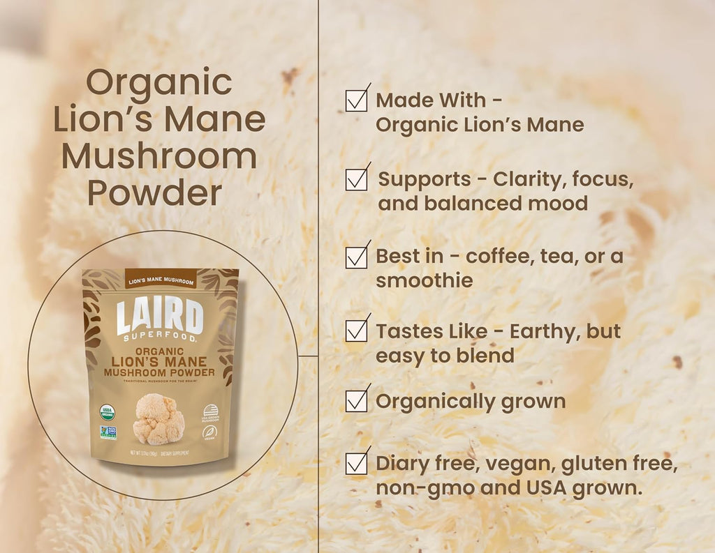 Laird Superfood Organic Lions Mane Mushroom Powder for Cognitive Function and Immune Support, 3.17 oz. Bag, Pack of 1