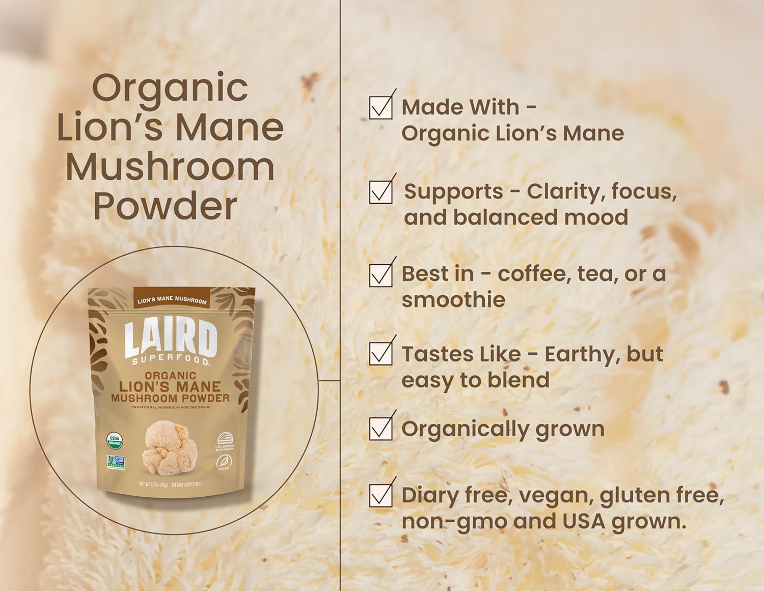 Laird Superfood Organic Lions Mane Mushroom Powder for Cognitive Function and Immune Support, 3.17 oz. Bag, Pack of 1