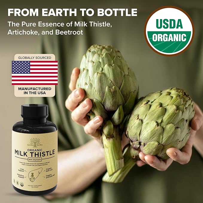USDA Organic Milk Thistle Supplement 80% Silymarin – 250 mg with Beet Root & Artichoke Leaf Extract – Herbal Formula for Liver and Digestive Support, 120 Capsules