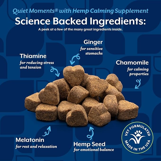 NaturVet Quiet Moments Calming Aid Dog Supplement, Helps Promote Relaxation, Reduce Stress, Storm Anxiety, Motion Sickness for Dogs (Quiet Moments Plus Hemp, 180 Soft Chews)