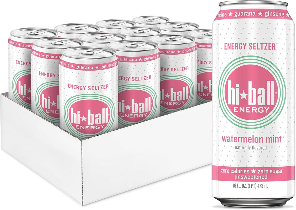 Hiball Clean Energy Drink - Watermelon Mint - Zero Sugar, Zero Calorie Sparkling Water with 160mg Organic Caffeine, 50mg Organic Ginseng, 50mg Organic Guarana and B Vitamins - 16 fl oz (8-Pack)