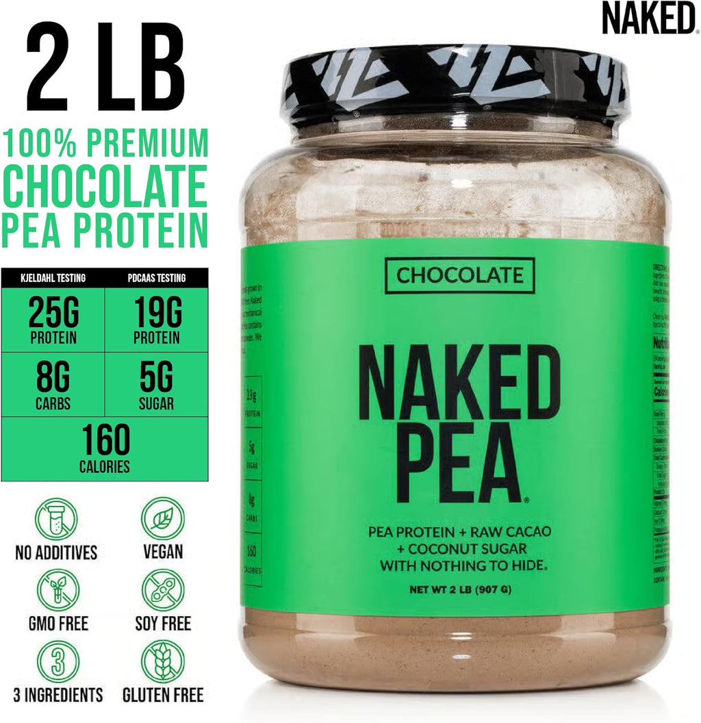NAKED Chocolate Pea Protein Isolate from North American Farms, Only 3 Ingredients, Chocolate Vegan Protein, Gluten-Free, Soy Free, GMO Free - 2LB