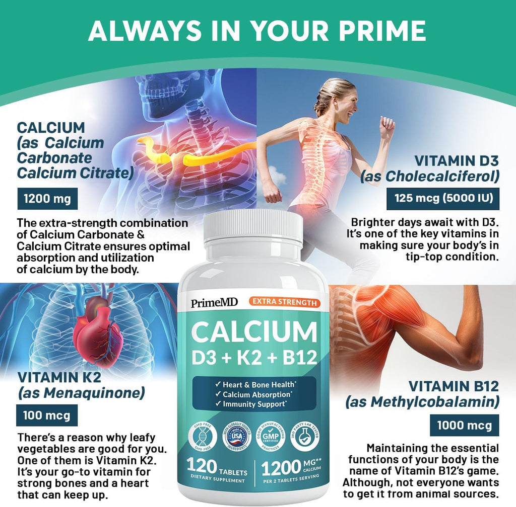 4-in-1 Calcium 1200 mg With Vitamin D3 Supplements for Women and Men - Calcium Extra Strength with Vitamin D3 K2 5000 IU Supplement,1200 mg per serving -Free - Vegan-Friendly (120 count) (Pack of 1)