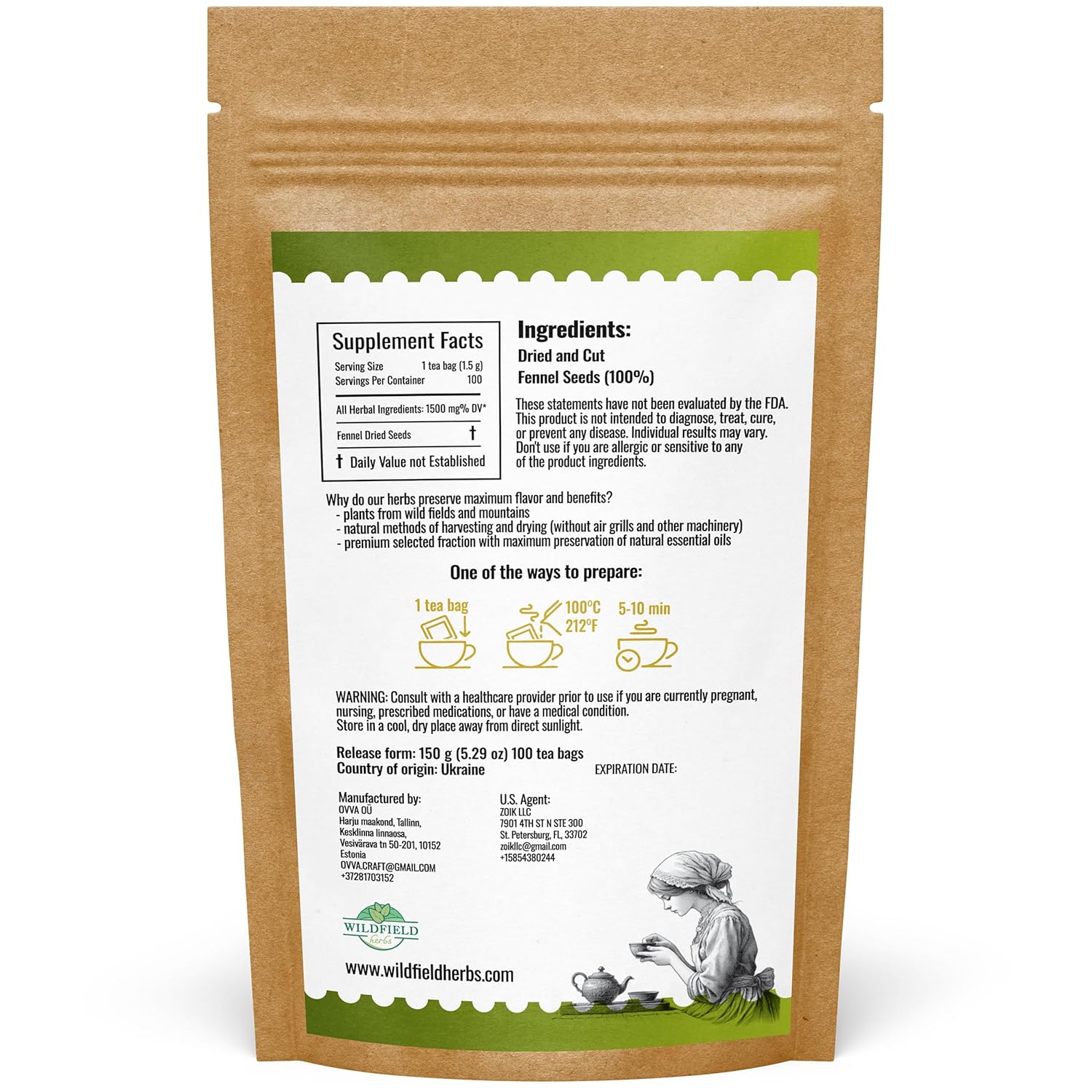 100 Bags Fennel Tea Fennel Seed Tea Herbal (Foeniculum Vulgare) - 100 Count 1.5g Bags Herb Hinojo