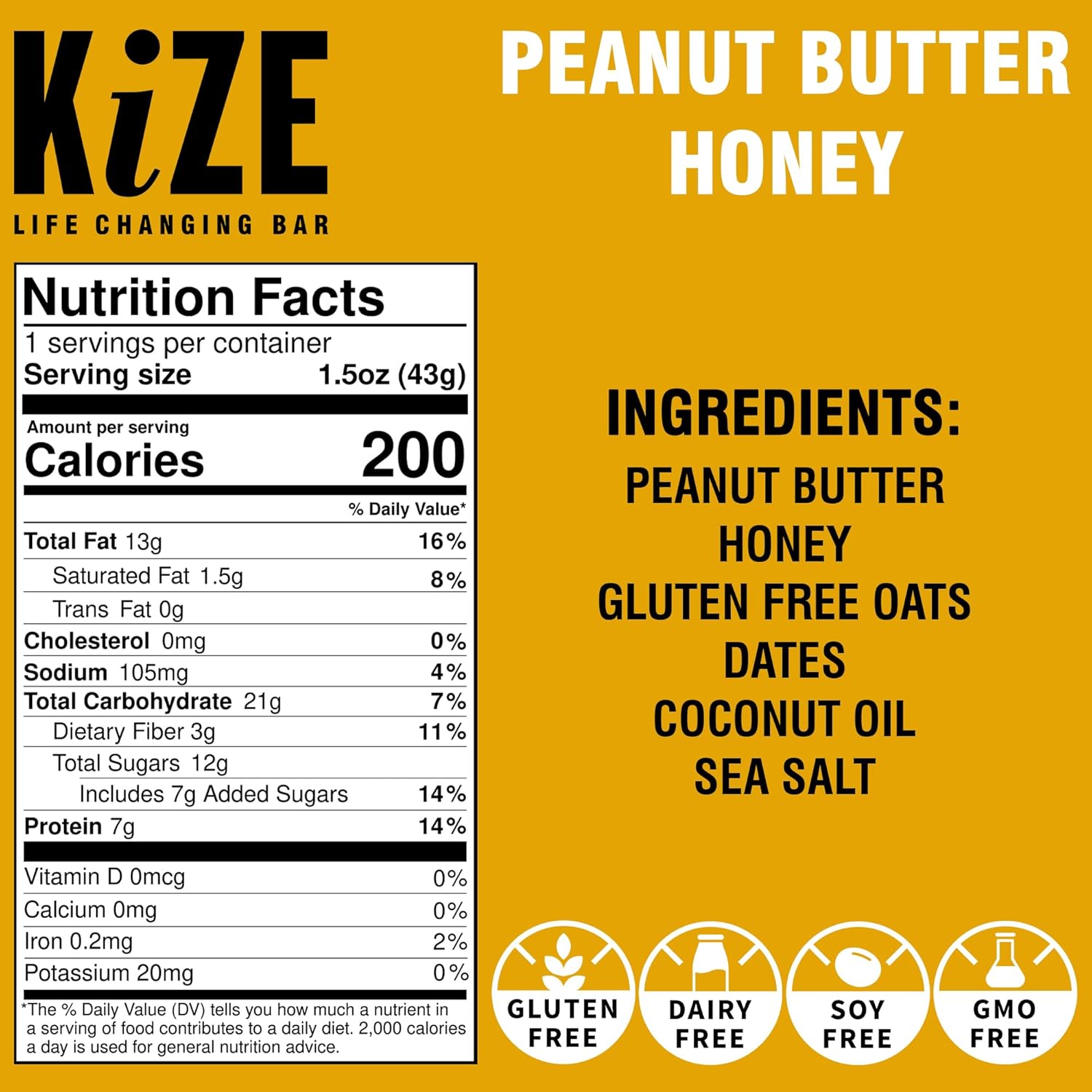 KiZE Energy Bars - Peanut Butter Honey - 20-Count - Gluten Free, Dairy Free, Non-GMO, and High Protein Meal Replacement Energy Bars, Clean and Simple Food Ingredients - 7g High Protein Snacks (20 Count)