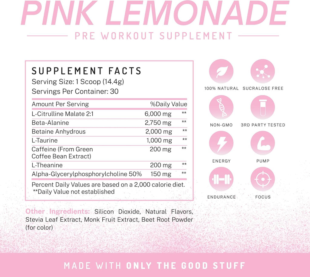 PWDRS Pre-Workout Powder, All Natural Pre Workout for Energy, Pump, Endurance & Strength, with Caffeine (Pink Lemonade)
