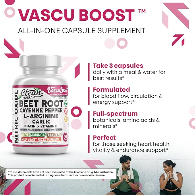 Vascu Boost Beet Root Cayenne Pepper Nitric Oxide Supplement L-Arginine Garlic Niacin Vitamin B Red Yeast Rice Flax Seed Turmeric Curcumin Supplement 90 Capsules by Clean Nutra