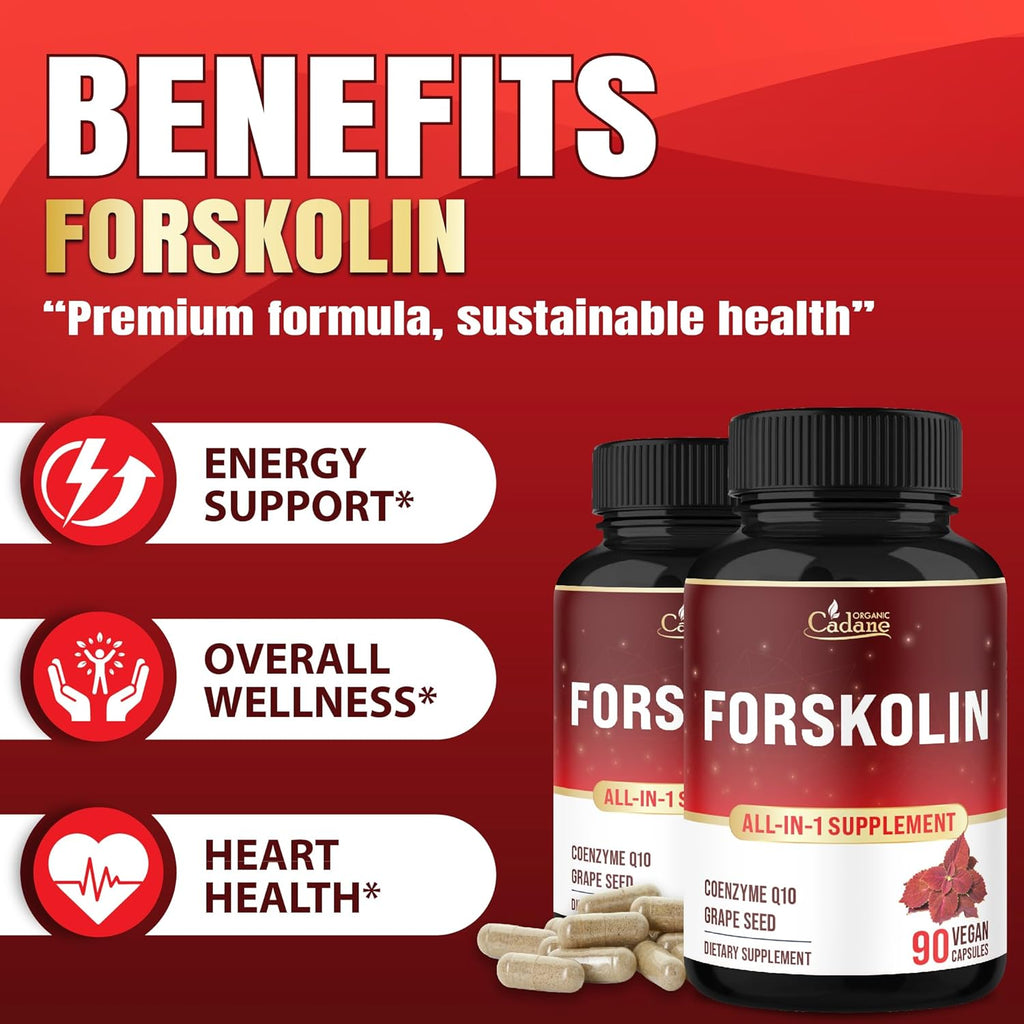 Organic Cadane Forskolin Supplement with Coenzyme Q10 & Grape Seed Extract | Supports Body Management & Energy | Vegan, Non-GMO – 90 Capsules – 45-Day Supply