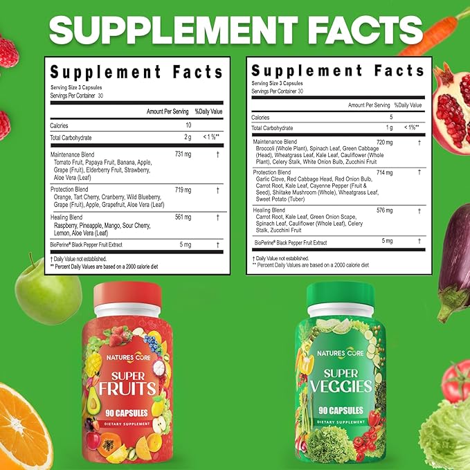 Nature's Core Fruit and Veggie Supplement - 360 Capsules -100% Whole Super Fruit and Super Vegetable Supplements & Vitamin, Made in USA, Soy Free, Vegan- 90 Count (Pack of 4)
