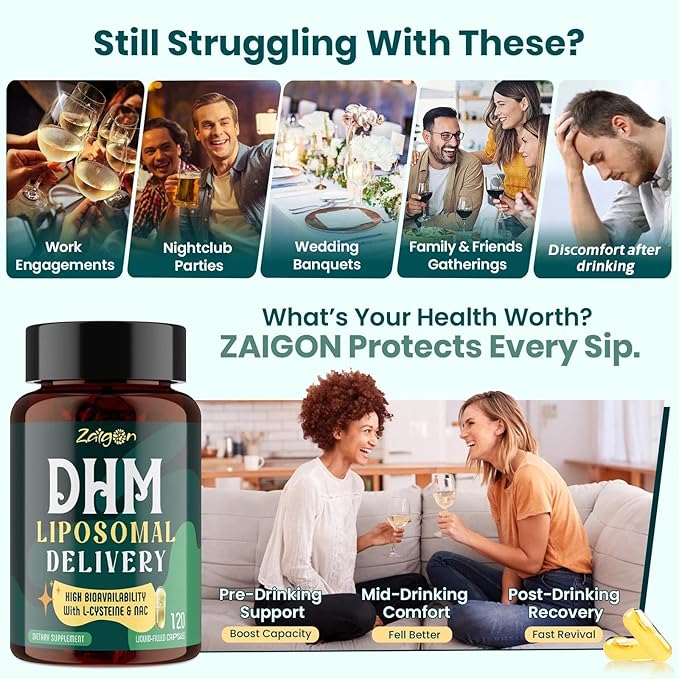 Zaigon Liposomal DHM Supplements, 1000mg dihydromyricetin with l-cysteine, Milk Thistle, Electrolytes, Ginger, NAC, L-Theanine & Vitamin B for Recovery After Drinking & Liver Support, 120 Capsules