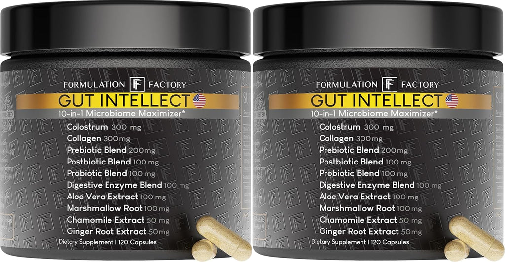 Gut Intellect 10-in-1 Microbiome Supplement, Prebiotics, Probiotics, Postbiotics, Colostrum, Collagen, Aloe Vera, Chamomile, Ginger, Enzymes, Digestive, 120 Cap - 2 Months (2 Pack)