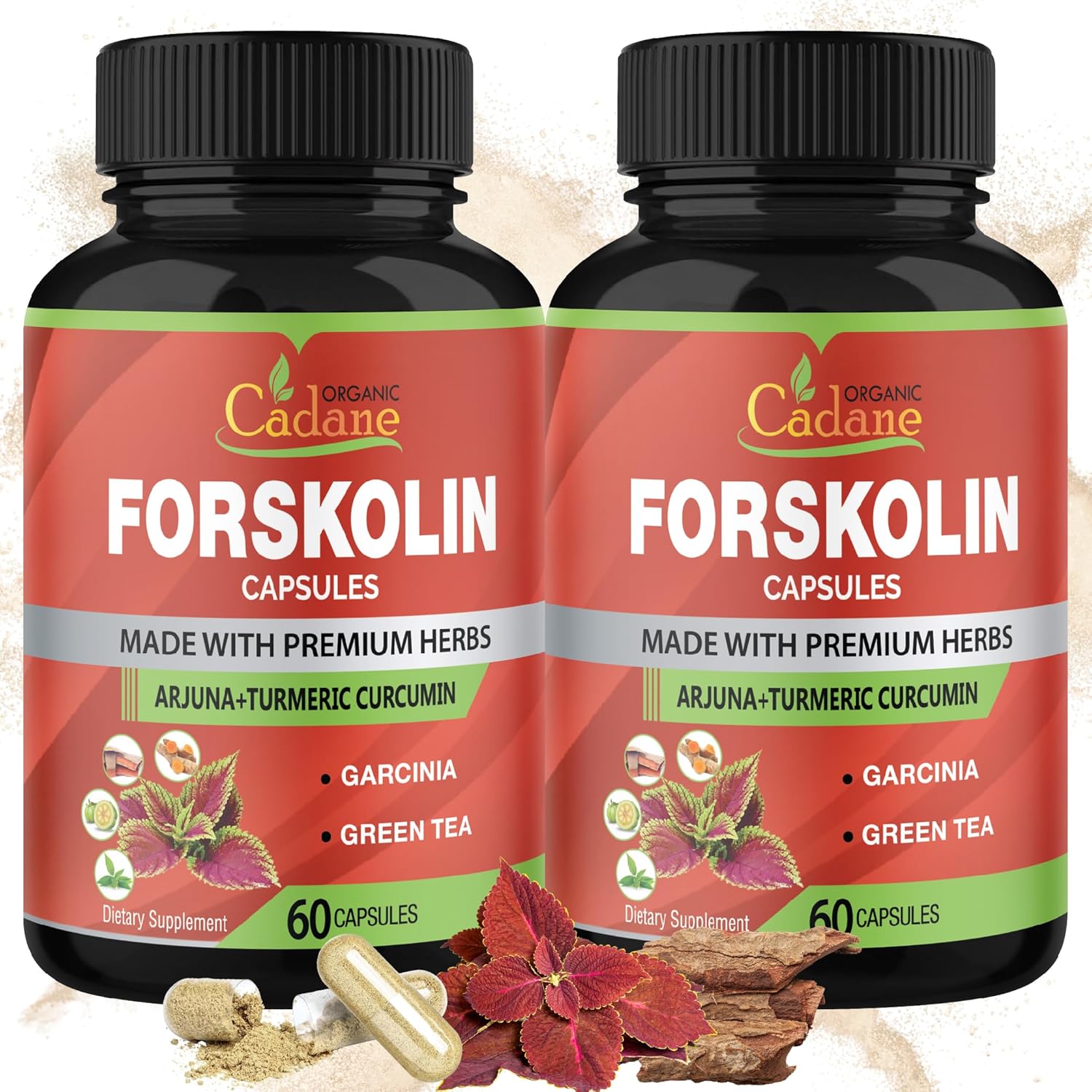 Organic Cadane 2 Packs Forskolin Supplements Capsules & Turmeric, Arjuna, Garcinia Cambogia, Green Tea - Maximum Strength Coleus Forskohlii Extract - Support Energy Production & Immune System