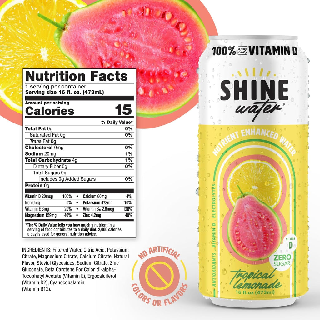 ShineWater Vitamin D Hydration Electrolyte Drink - Flavored water with electrolytes, Sugar-Free, Magnesium, Zinc, Vitamin B12, Plant-Based, Low Calorie - Tropical Lemonade Fruit Water 12 Pack