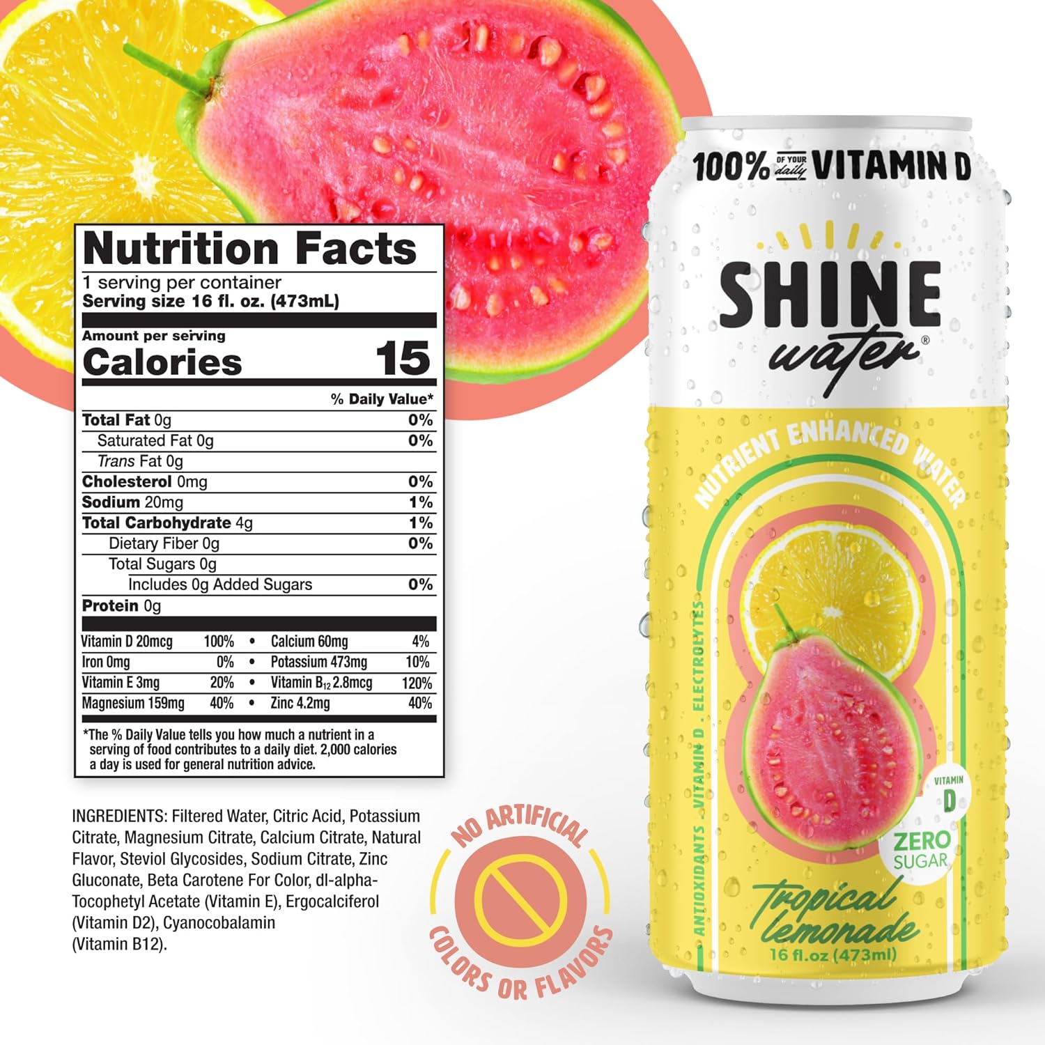 ShineWater Vitamin D Hydration Electrolyte Drink - Flavored water with electrolytes, Sugar-Free, Magnesium, Zinc, Vitamin B12, Plant-Based, Low Calorie - Tropical Lemonade Fruit Water 12 Pack