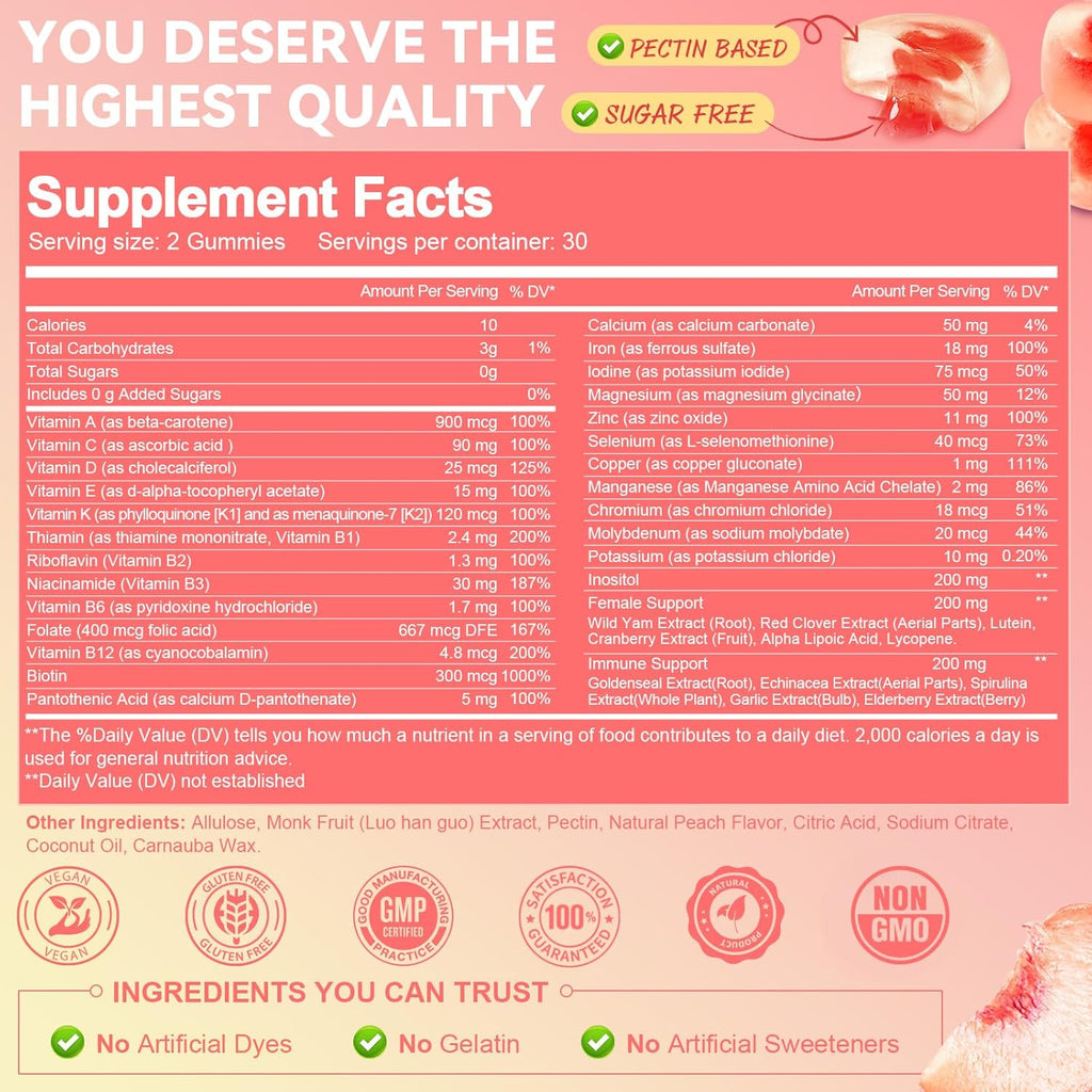 Sugar Free Multivitamin Gummies for Women 14+ w/Iron, Inositol, Folate, Biotin, Womens Daily Multivitamin Gummy w/Vitamin A, C, B, D3, K2, for Hair, Skin, Energy, Immune, Peach Flavor