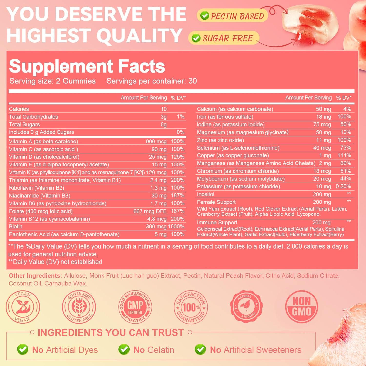 Sugar Free Multivitamin Gummies for Women 14+ w/Iron, Inositol, Folate, Biotin, Womens Daily Multivitamin Gummy w/Vitamin A, C, B, D3, K2, for Hair, Skin, Energy, Immune, Peach Flavor