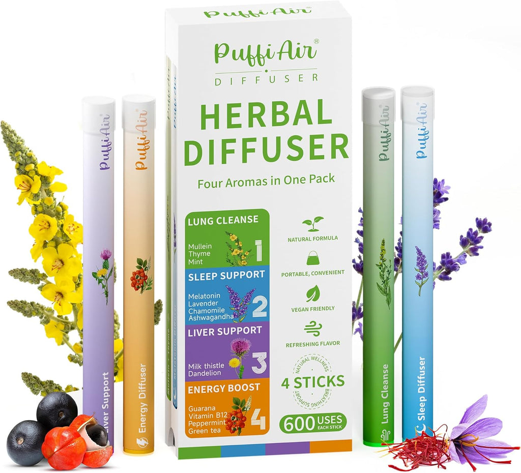 4-in-1 Complete Wellness Herbal Diffuser Bundle: Sleep Support, Lung Detox, Energy Boost & Liver Cleansing – 600 Uses Per Stick