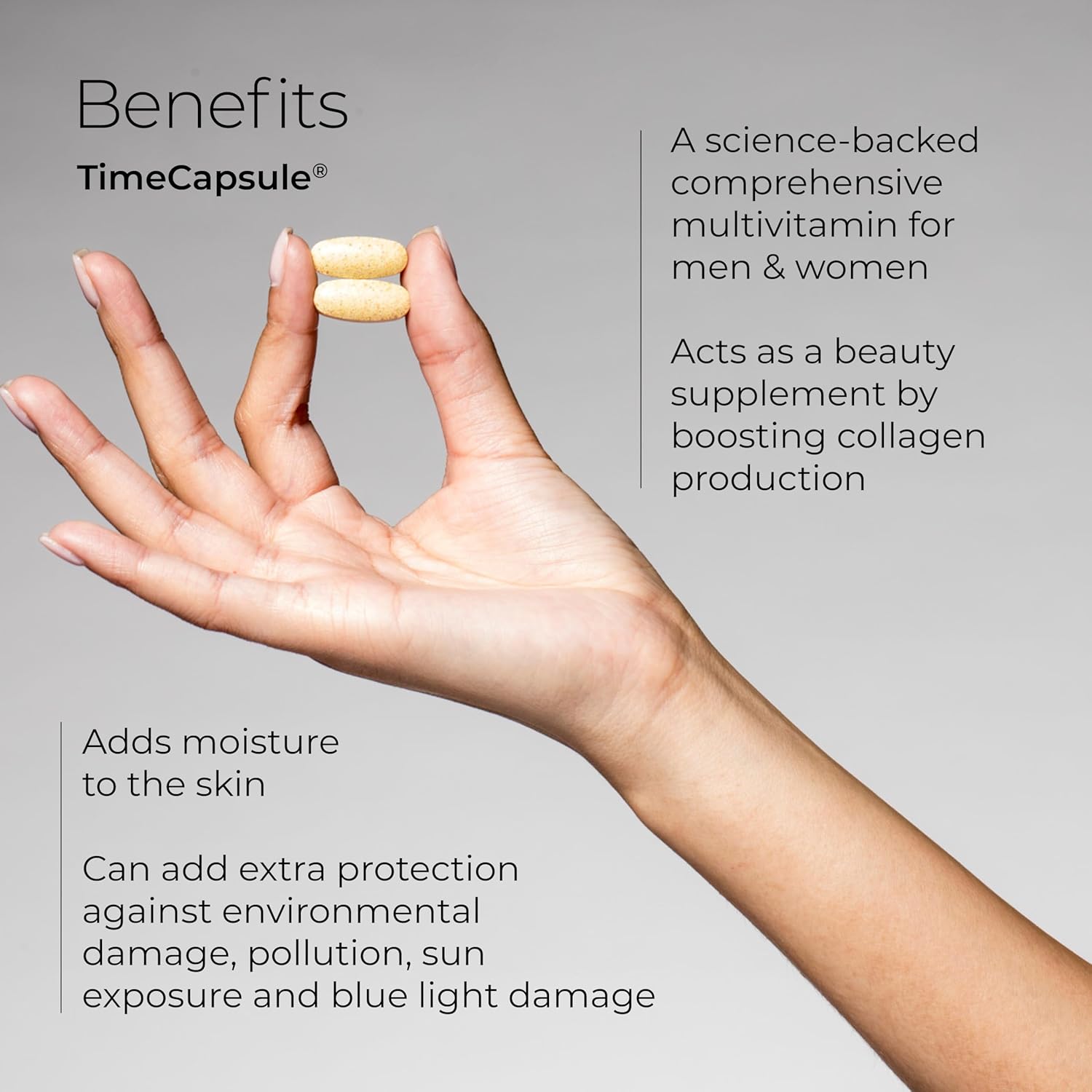 Hush & Hush TimeCapsule Multivitamin, Women's Multivitamin, Men's Multivitamin, Clean Nutraceuticals Supplements That Contains Hyaluronic Acid, Vitamin C, Zinc, Vitamin B12, Vitamin E - 60 Tablets