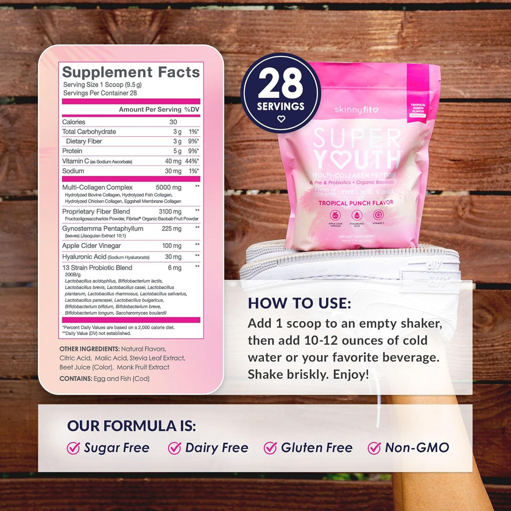 SkinnyFit - Super Youth Collagen for Women - Multi Collagen Peptides Powder - Probiotics, Fiber, Hyaluronic Acid - Non GMO, Gluten Free, Sugar Free - Beauty & Self Care - Tropical Punch (28 Servings)