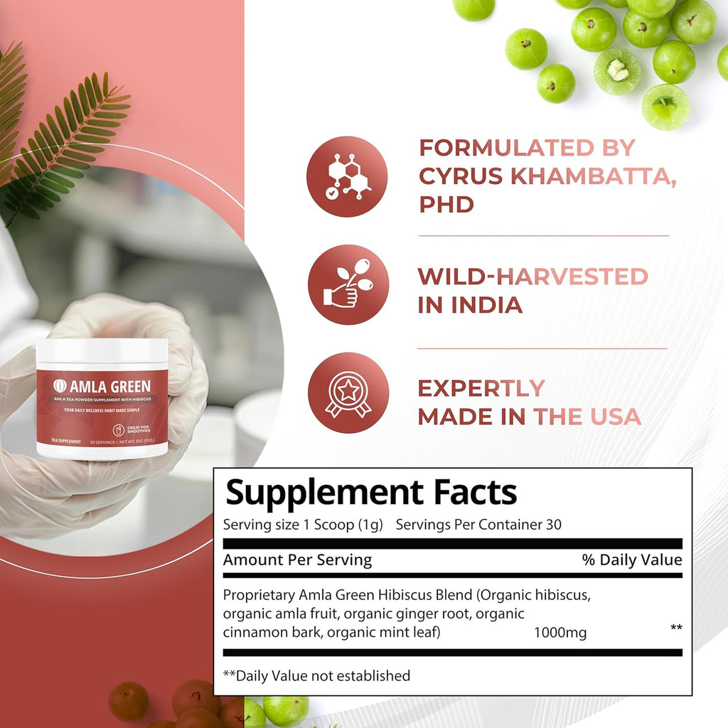 Amla Powder & Green Tea Superfood Supplement with Hibiscus, 20x Ultra Concentrated Amla, Antioxidant Support, Made with Oolong Tea and Indian Gooseberries, Organic, Vegan, Hibiscus, 30 Servings