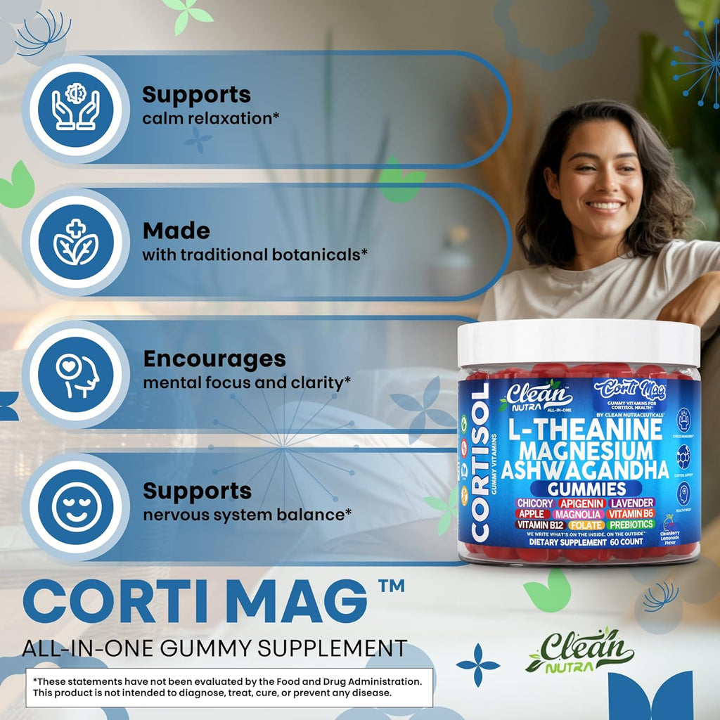 Clean Nutra L-Theanine Magnesium Ashwagandha Cortisol Gummies Apigenin Vitamin B6 Sleep Aid Calm Stress Relief Support Cortisol Management Supplement Lavender Chicory Prebiotic Advanced Gummy Formula
