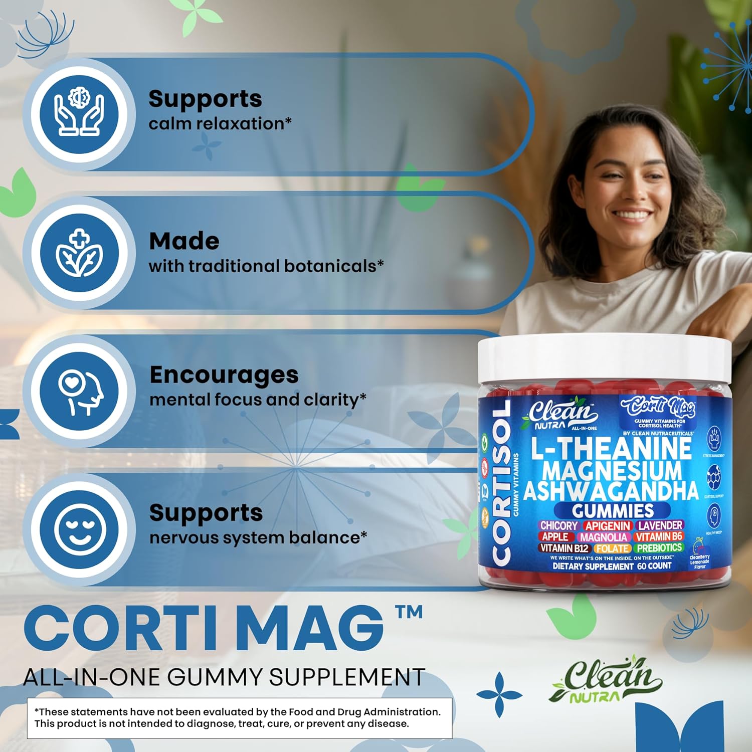 Clean Nutra L-Theanine Magnesium Ashwagandha Cortisol Gummies Apigenin Vitamin B6 Sleep Aid Calm Stress Relief Support Cortisol Management Supplement Lavender Chicory Prebiotic Advanced Gummy Formula