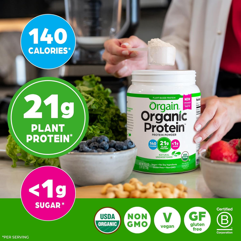 Orgain Organic Vegan Protein Powder, Natural Unsweetened - 21g of Plant Protein, 4g Prebiotic Fiber, Low Net Carbs, No Lactose Ingredients, No Added Sugar, Non-GMO, For Shakes & Smoothies, 1.59 lb