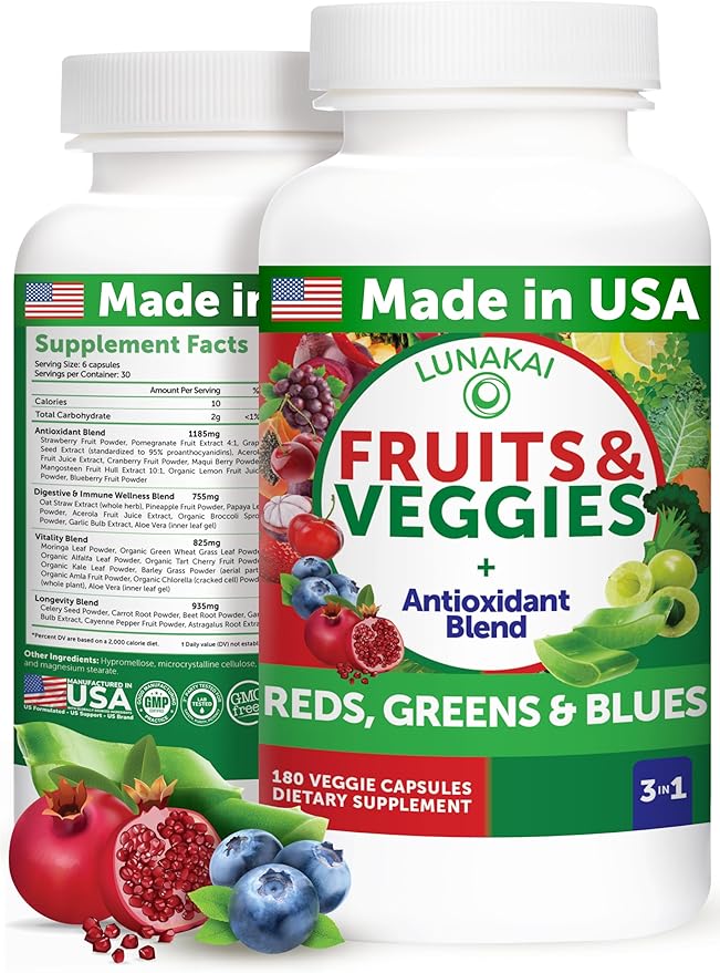 Lunakai USA Made Superfood Fruits & Veggies Supplement - All-in-One with 4 Blends & Scented Capsules, 180ct Super Veggie Capsules for Adults