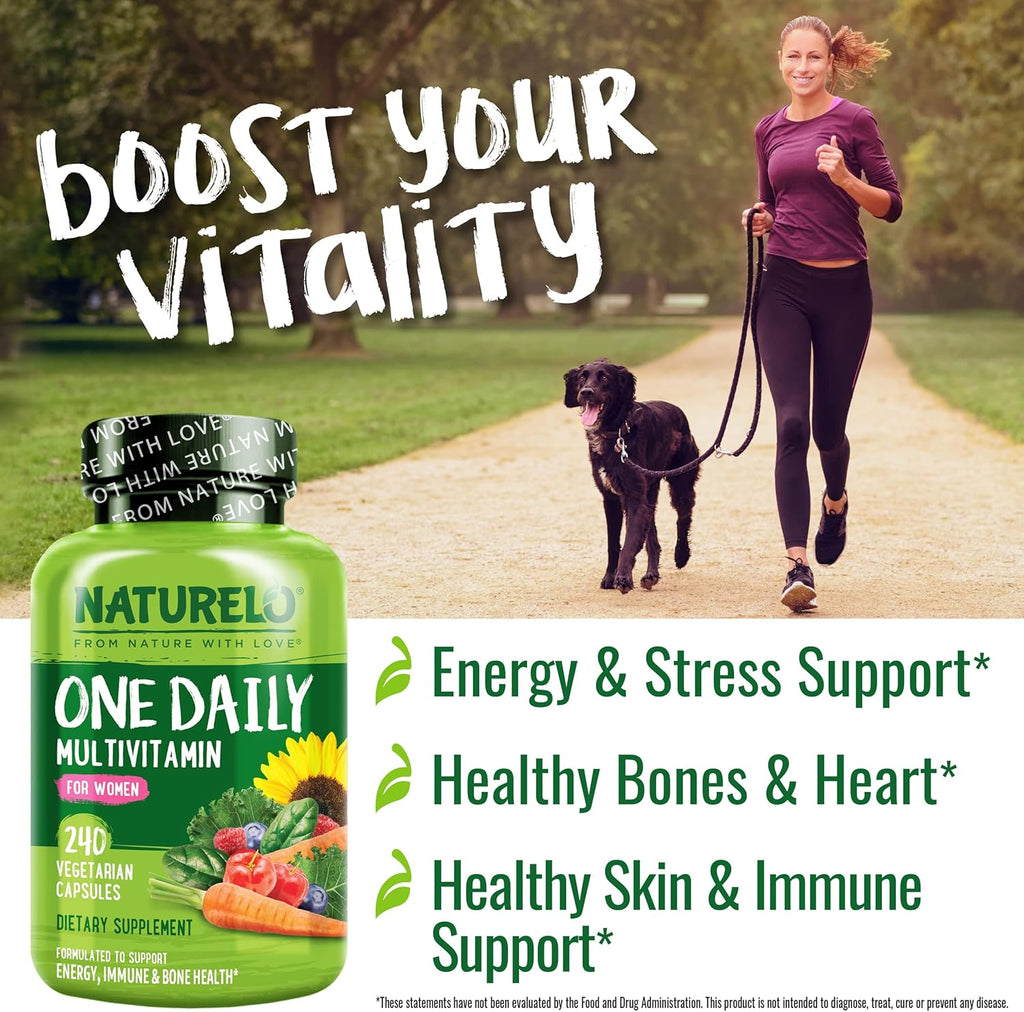 NATURELO One Daily Multivitamin for Women - Energy Support - Whole Food Supplement to Nourish Hair, Skin, Nails - Non-GMO - No Soy - Gluten Free - 240 Capsules | 8 Month Supply