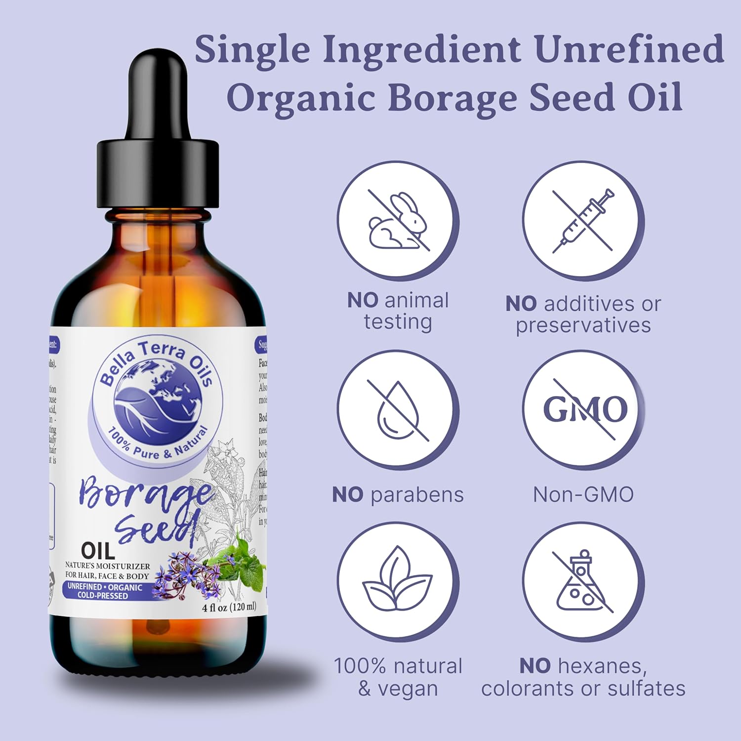 Bella Terra Oils - Organic Borage Seed Oil 8 oz - Cold-Pressed from Organic Borage Seeds, Overflowing with Vitamin E & Omega Fatty Acids, an Elixir of Youth & Beauty