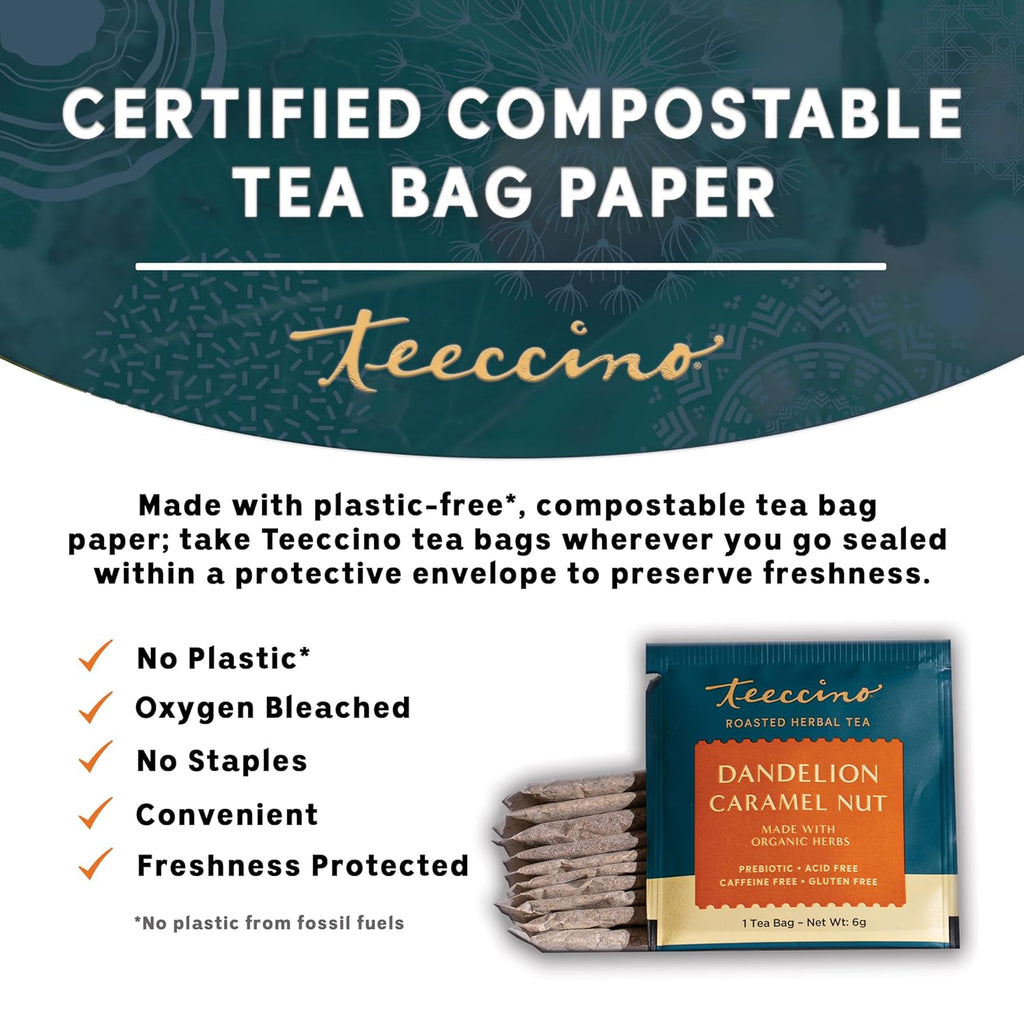 Teeccino Dandelion Caramel Nut Tea - Caffeine Free, Roasted Herbal Tea with Prebiotics, 3x More Herbs than Regular Tea Bags, Gluten Free - 10 Tea Bags (Pack of 4)