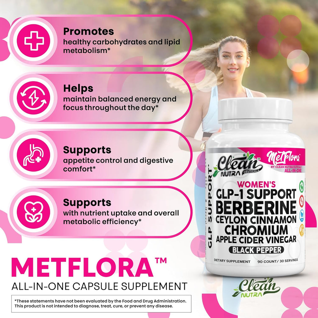 Clean Nutra Women's GLP-1 Support Complex, Berberine with Ceylon Cinnamon, Chromium, Apple Cider Vinegar, 90 Capsules