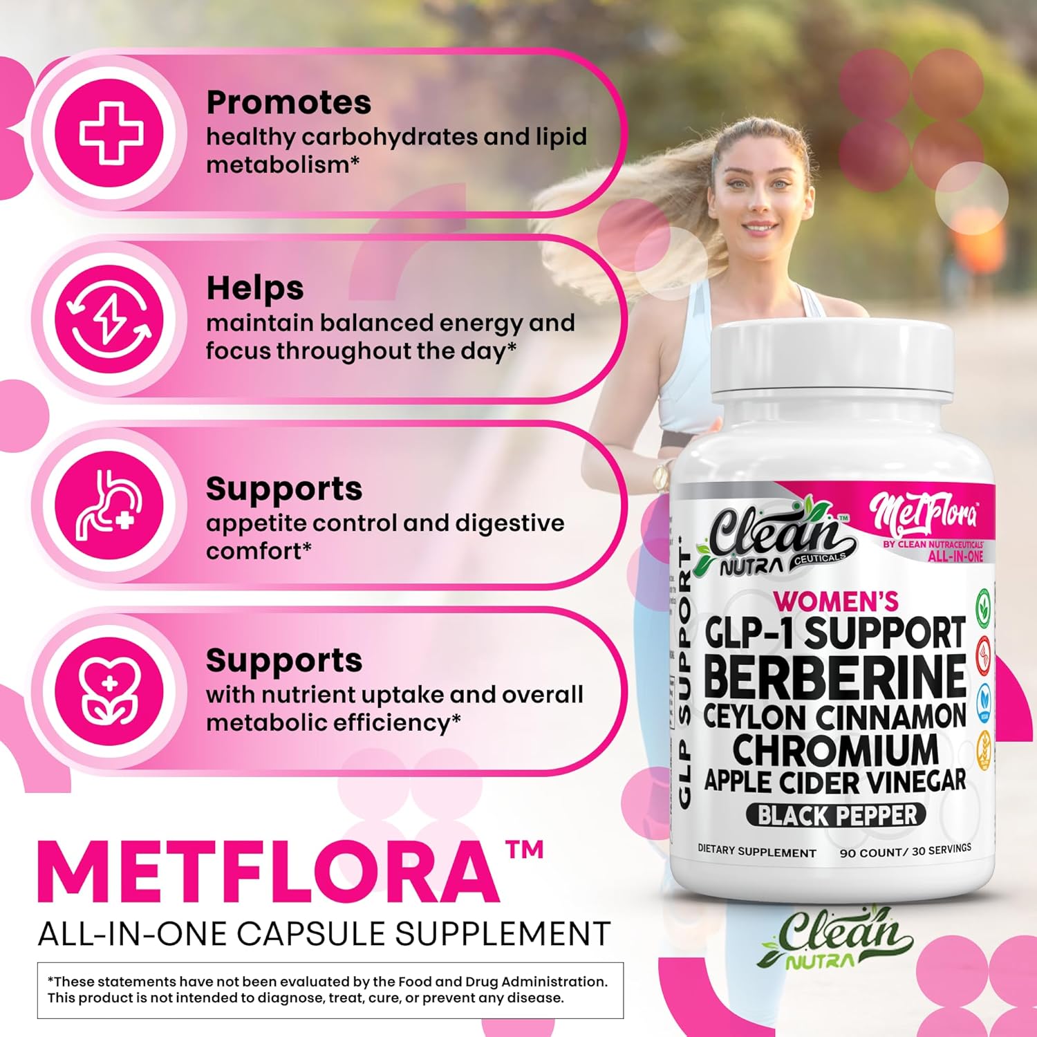 Clean Nutra Women's GLP-1 Support Complex, Berberine with Ceylon Cinnamon, Chromium, Apple Cider Vinegar, 90 Capsules