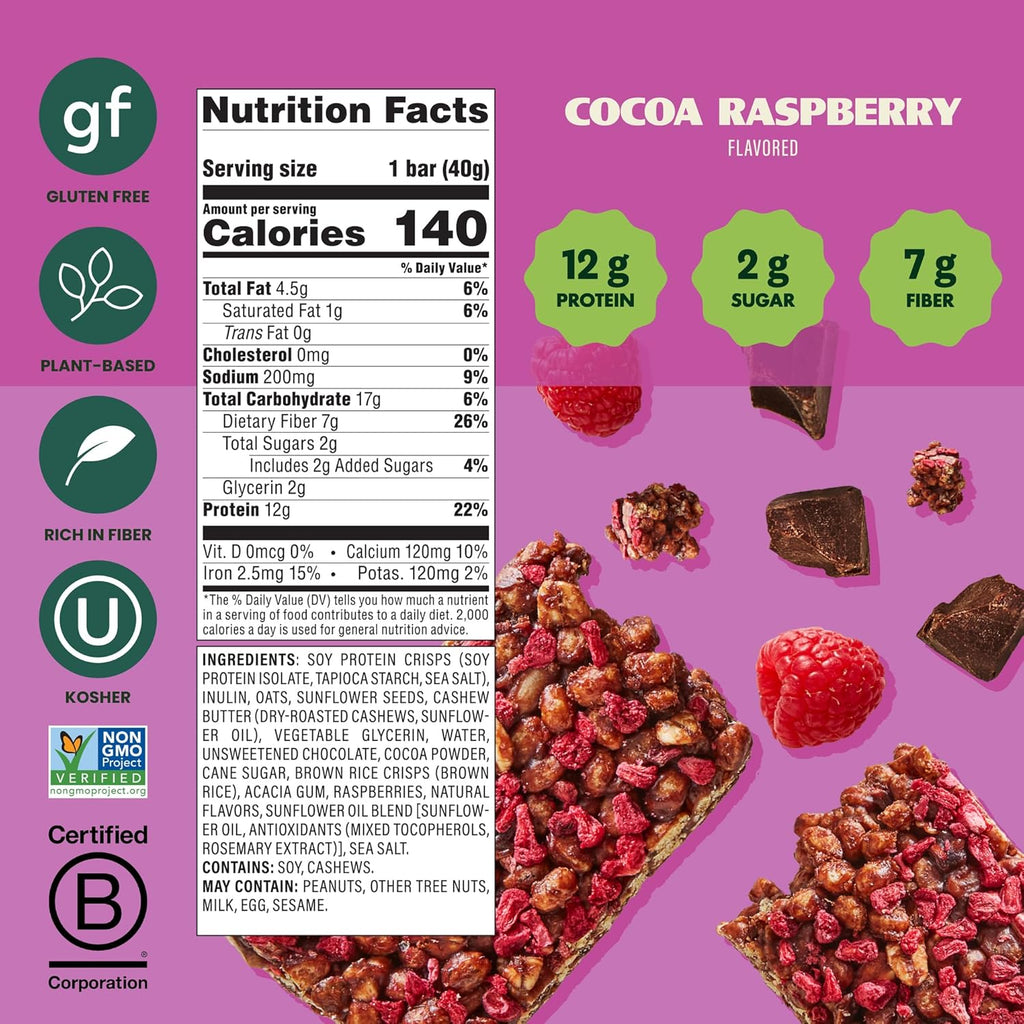 Simply Protein - Cocoa Raspberry Crispy Bars - Plant Based Protein Bars - Low Carb, Low Sugar, High Fiber - 13g Protein, 2g Sugar, 7g Fiber - Vegan, Gluten Free, Non GMO, Kosher - 12 Bars
