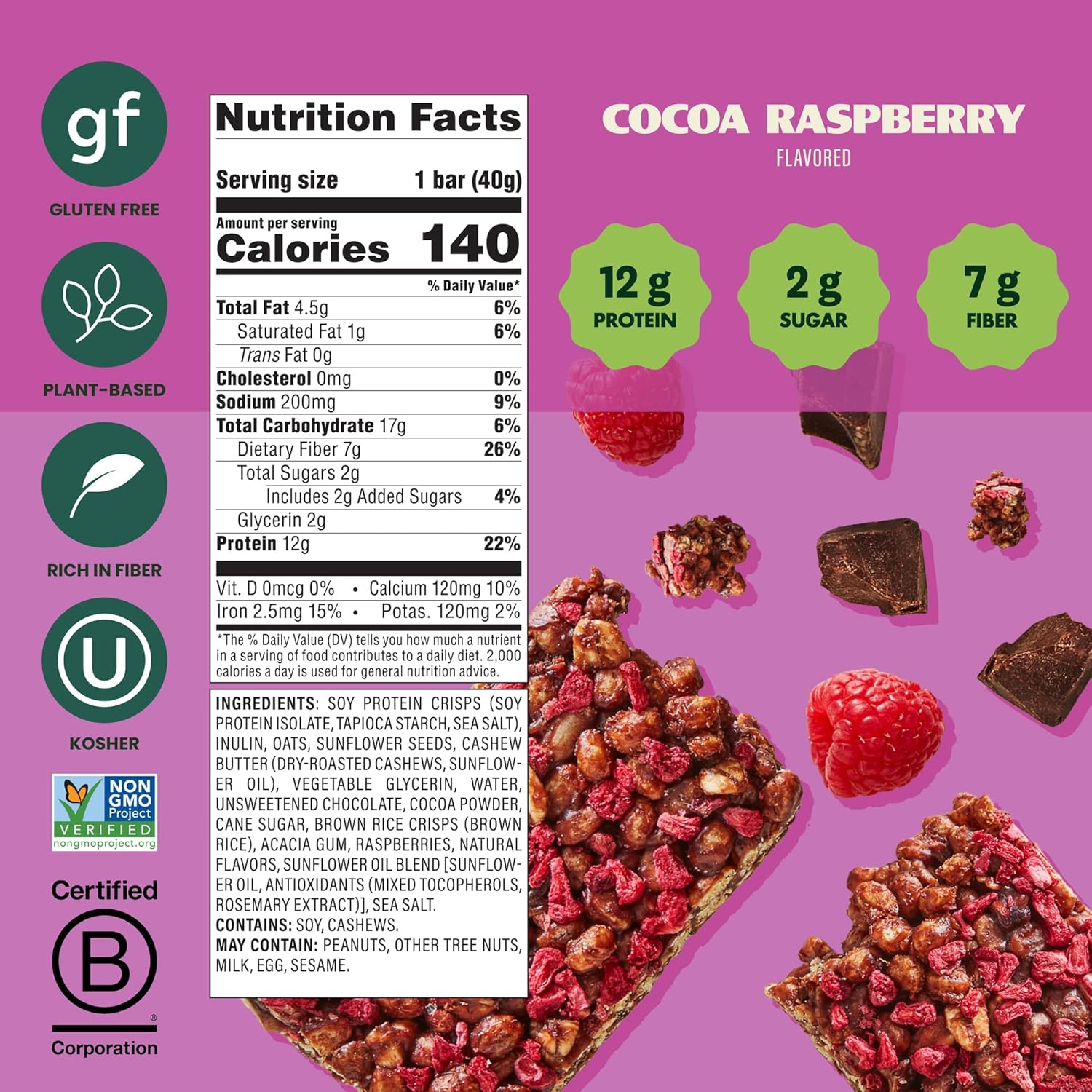 Simply Protein - Cocoa Raspberry Crispy Bars - Plant Based Protein Bars - Low Carb, Low Sugar, High Fiber - 13g Protein, 2g Sugar, 7g Fiber - Vegan, Gluten Free, Non GMO, Kosher - 12 Bars