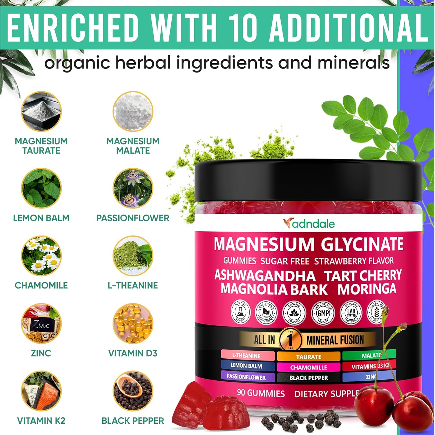 Adndale 180ct 15-in-1 Magnesium Glycinate Gummies 400 mg/serv- with Magnesium Malate, Ashwagandha, Tart Cherry, Magnolia Bark, Lemon Balm, Passionflower, Chamomile, L-Theanine, Zinc, Vitamin K2 & D3